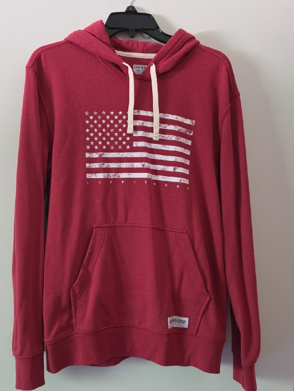 Life Is Good Men's Red Pullover Hoodie with Distressed Flag Graphic